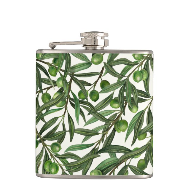 Olive branches on off white hip flask (Front)