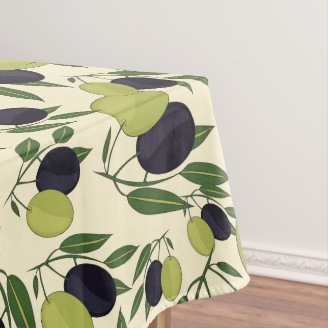 Olive Branches on Off White Leaves Olives Green Tablecloth (In Situ)