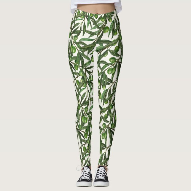 Olive branches on off white leggings (Front)