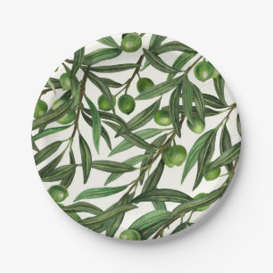 Olive branches on off white paper plate