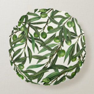 Olive branches on off white round cushion
