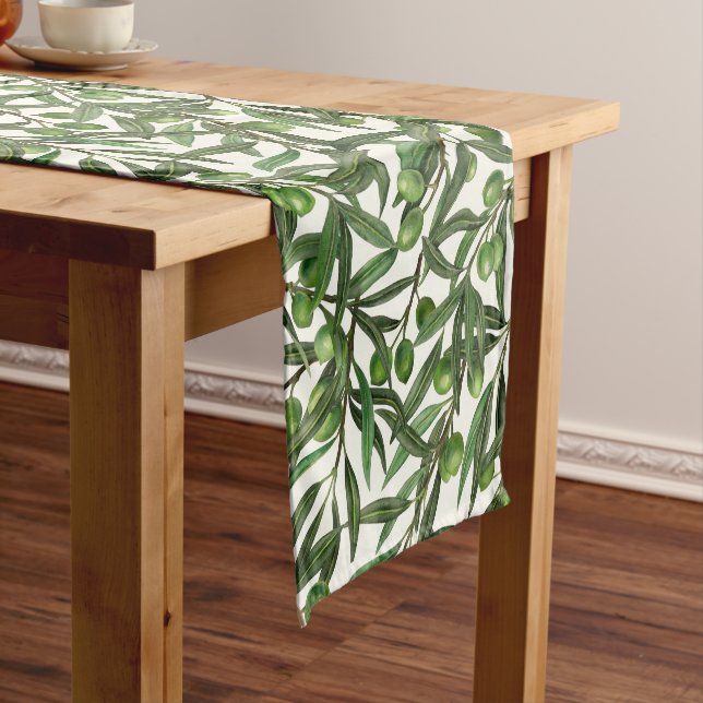 Olive branches on off white short table runner (In Situ)