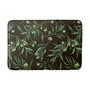 Olive branches watercolor on black bath mat