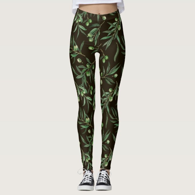 Olive branches watercolor on black leggings (Front)