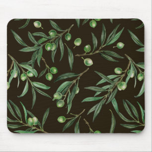 Olive branches watercolor on black mouse pad