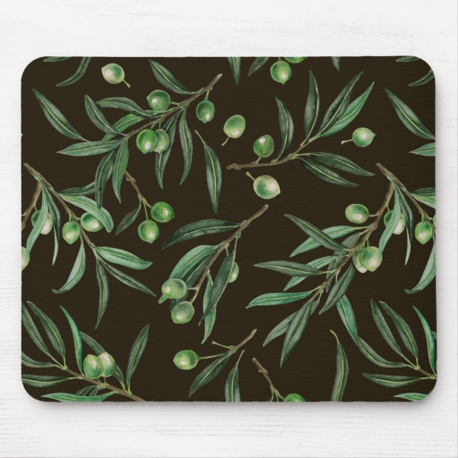 Olive branches watercolor on black mouse pad (Front)