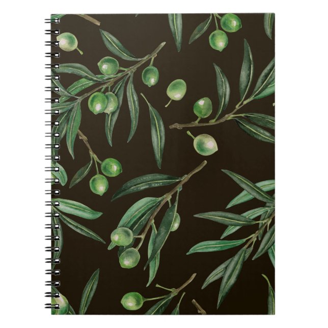 Olive branches watercolor on black notebook (Front)