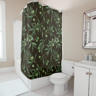 Olive branches watercolor on black shower curtain