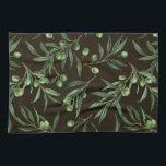 Olive branches watercolor on black tea towel<br><div class="desc">Olive branches painted with watercolors,  seamless pattern design</div>