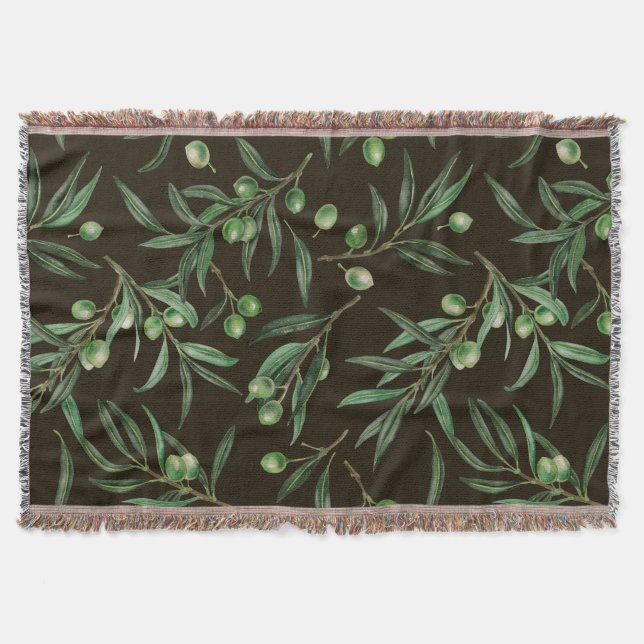 Olive branches watercolor on black throw blanket (Front)
