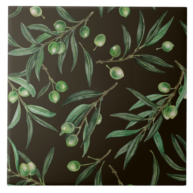 Olive branches watercolor on black tile (Front)
