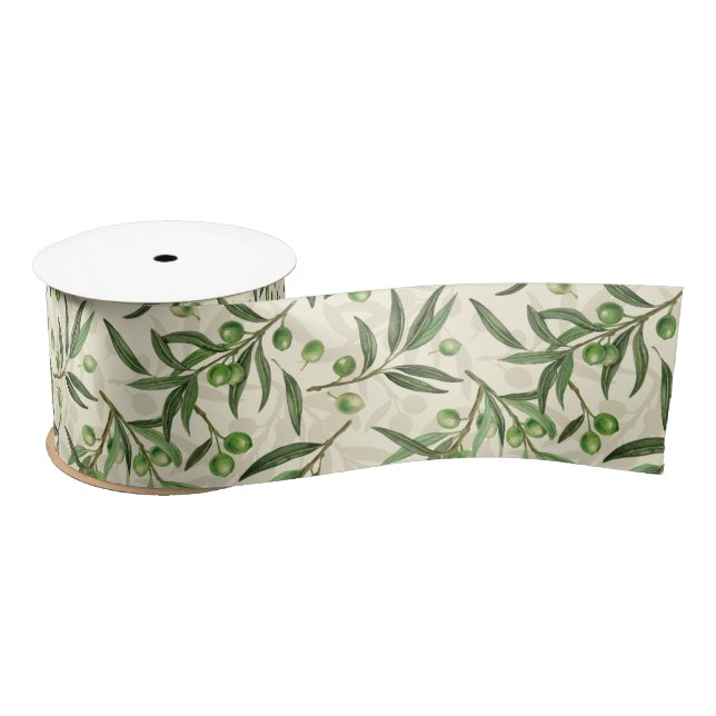 Olive branches watercolor satin ribbon (Spool)