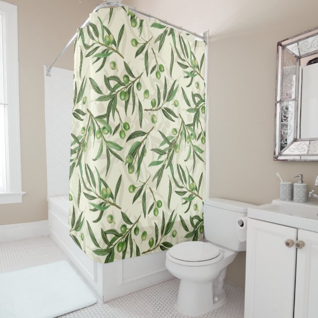 Olive branches watercolor shower curtain (In Situ)