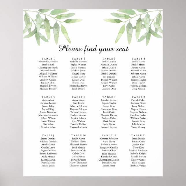 Olive Branches. Wedding Seating Chart Poster (Front)