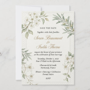 Olive Branches, White Blossoms, Woven Border Frame Invitation