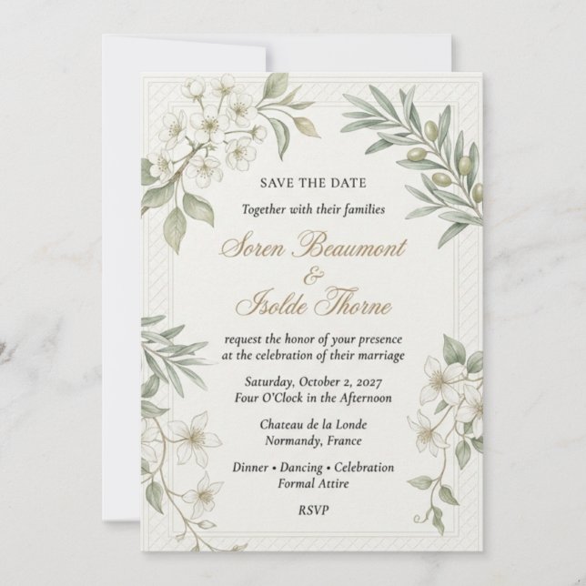 Olive Branches, White Blossoms, Woven Border Frame Invitation (Front)