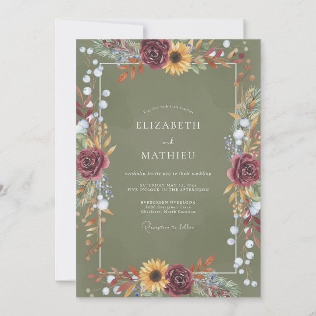 Olive Burgundy Botanical Wedding Invitation (Front)