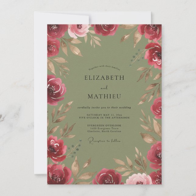 Olive Burgundy Leafy Wedding Invitation (Front)