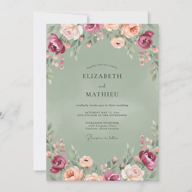 Olive Burgundy Ranunculus Eucalyptus Wedding Invitation (Front)
