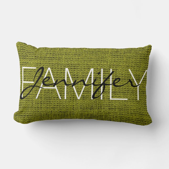 Olive Burlap Rustic Monogram Lumbar Cushion (Front)