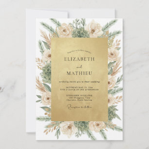Olive Champagne Pampas Eucalyptus Wedding Invitation