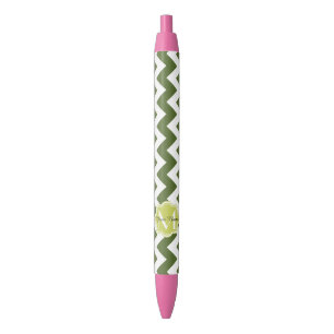 Olive Chevron, Floral Monogram, Personalised Name Black Ink Pen