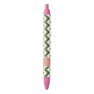 Olive Chevron with Coral Personalised Name Black Ink Pen
