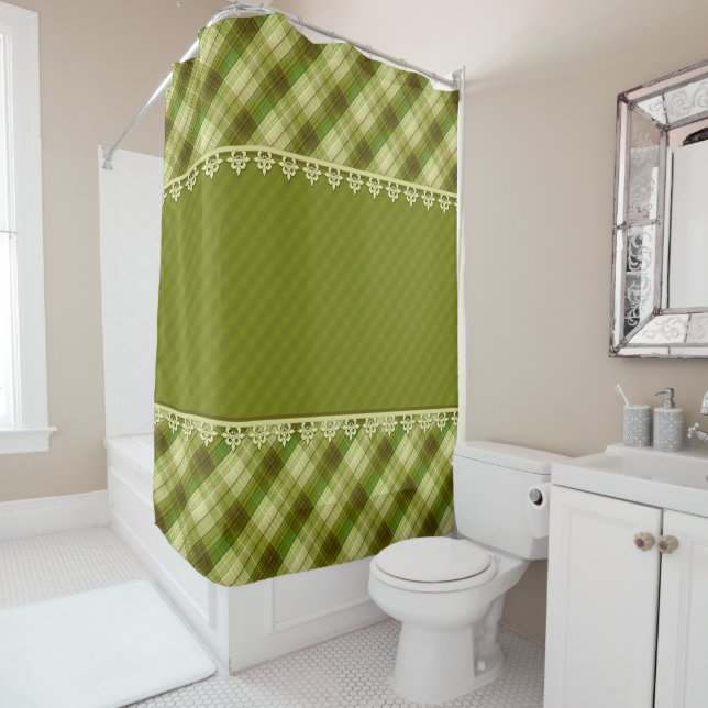 Olive colour patchwork, olive plaid, green patchwo shower curtain (In Situ)