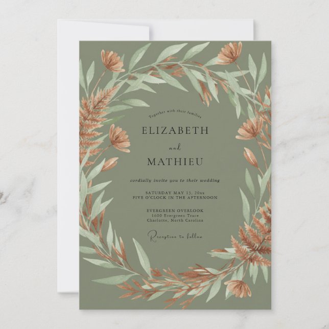 Olive Copper Foliage Soft Eucalyptus Wedding Invitation (Front)