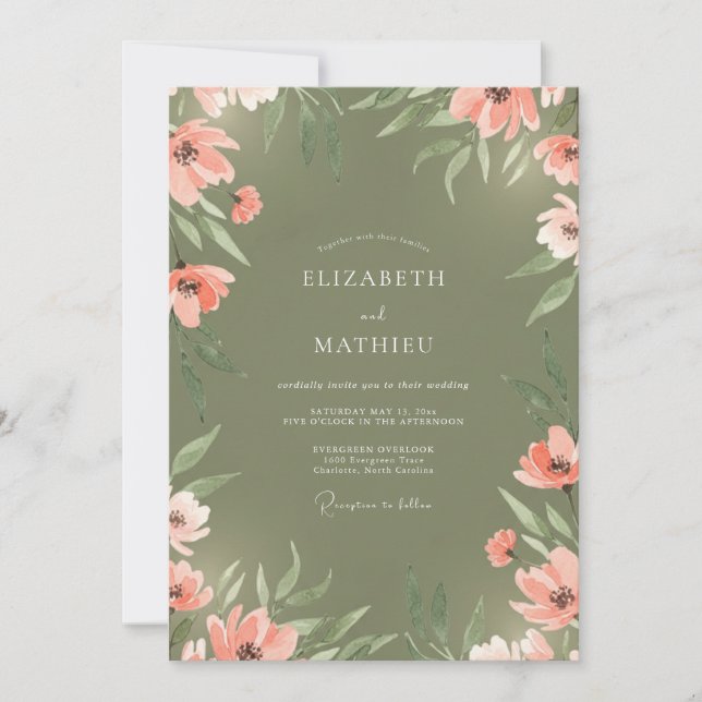 Olive Coral Painted Wedding Invitation (Front)