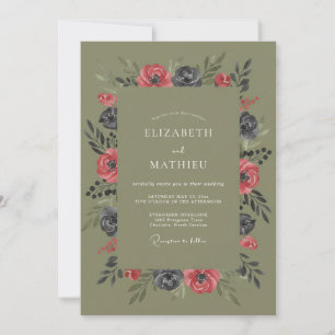 Olive Coral Watercolor Wedding Invitation