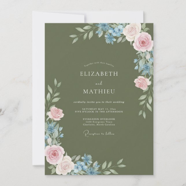 Olive Cornflower Ranunculus Eucalyptus Wedding Invitation (Front)