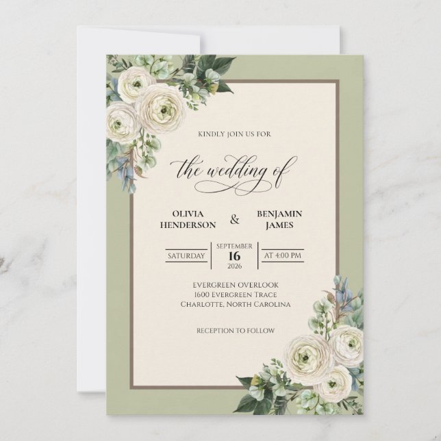 Olive Cream Leaf Wedding Invitation (Front)