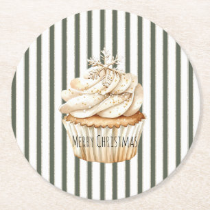 Olive Cream Stripes Snowflake Cupcake Christmas Round Paper Coaster