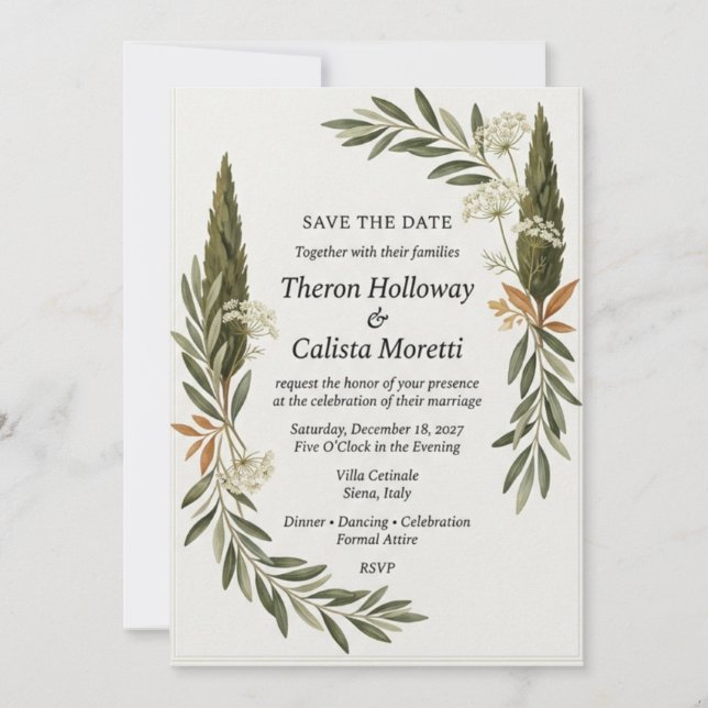 Olive & Cypress Botanical Elegant Save the Date Invitation (Front)