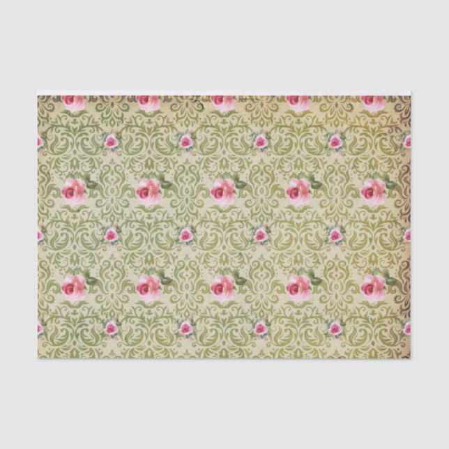 Olive Damask & Roses Tissue Paper (Front)