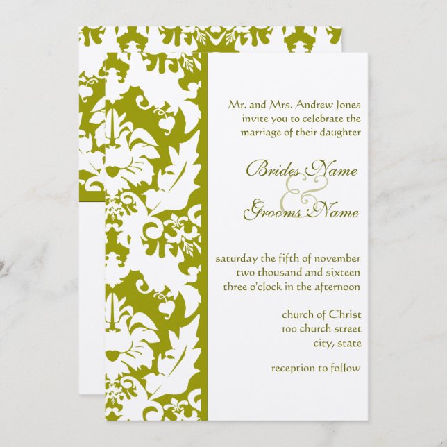 Olive Damask Wedding Invitations (Front/Back)