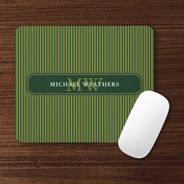 Olive & Dark Green Stripes Your Name and Initials Mouse Pad (Creator Uploaded)