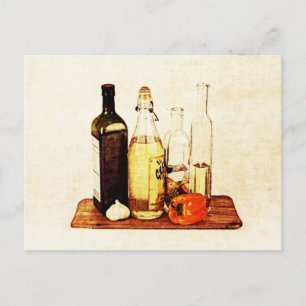 Olive evoo oil bottles and veggies postcard
