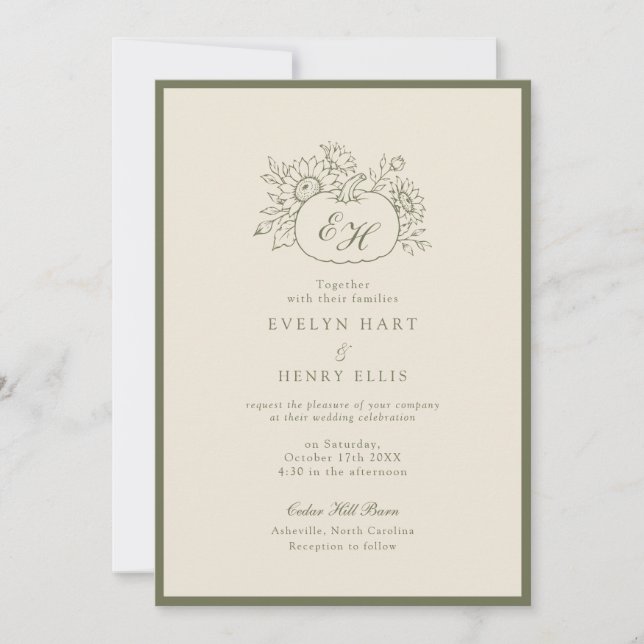 Olive Fall Botanical Monogram Wedding Invitation (Front)