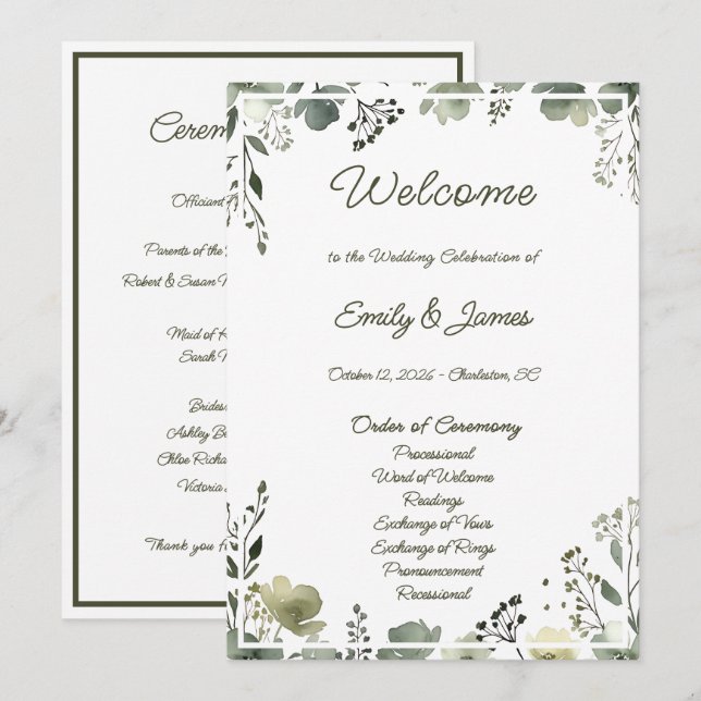 Olive Floral Wedding Programme (Front/Back)