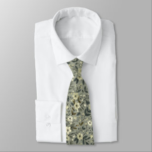 Olive Flowers Green and White Tie
