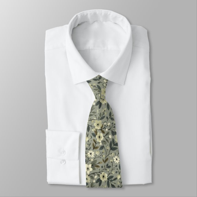 Olive Flowers Green and White  Tie (Tied)