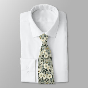 Olive Flowers Green and White Tie