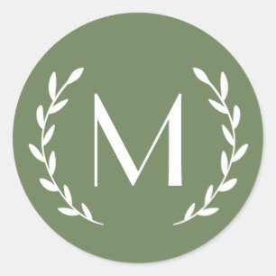 Olive Forest Green Laurel Monogram Letter Initial Classic Round Sticker
