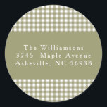 Olive Gingham Plaid Christmas Return Address Classic Round Sticker<br><div class="desc">Cute Olive Green Gingham Plaid Custom Christmas Return Address Classic Round Sticker</div>
