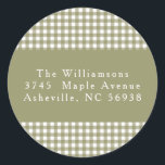 Olive Gingham Plaid Christmas Return Address Classic Round Sticker<br><div class="desc">Cute Olive Green Gingham Plaid Custom Christmas Return Address Classic Round Sticker</div>