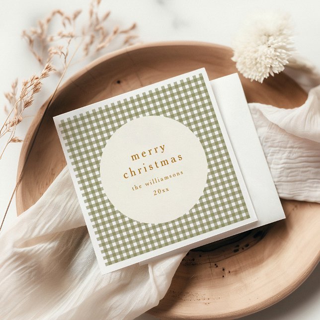 Olive Gingham Plaid Personalised Christmas Holiday Napkin (Creator Uploaded)
