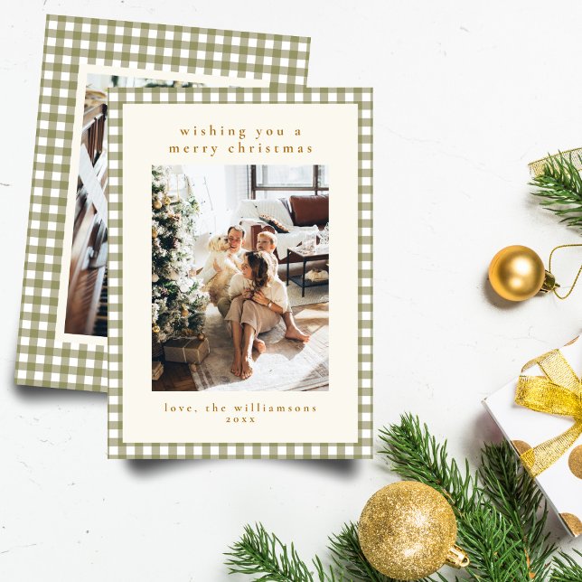 Olive Gingham Plaid Portrait Two Photo Christmas Holiday Card (Creator Uploaded)