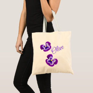 "Olive" Girls Name With Purple Pansies, Tote Bag